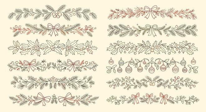 Hand-drawn Christmas and winter holiday decorative borders with fir branches, holly, berries, and bows.