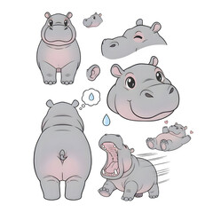Set of cute hippo character. illustration design.