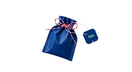 Gift - Blue gift bag with tea tag and red and white string, isolated on black background, perfect for holiday presents and tea lovers