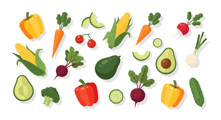 A vibrant collection of assorted fresh vegetables like corn, avocado, and peppers, illustrated in a flat design style on a white background.