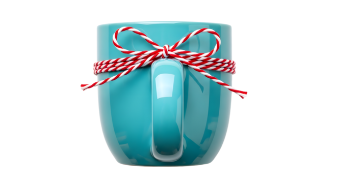 Gift - Blue ceramic mug with red and white twisted string bow isolated on white background, perfect for gift, holiday, or coffee themes
