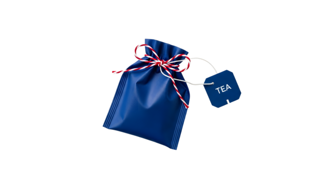 Gift - Blue gift bag with tea tag and red and white string, isolated on black background, perfect for holiday presents and tea lovers - Powered by Adobe