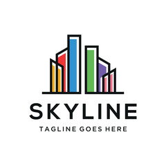 Colorful Geometric City Skyline with minimalist abstract modern buildings for urban development real estate architecture logo design