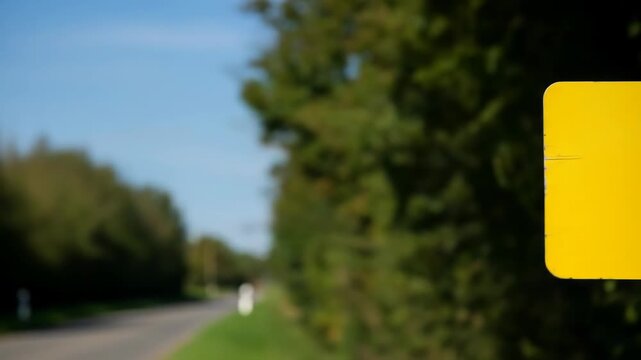 Yellow sign on weathered post beside rural road; blurred background