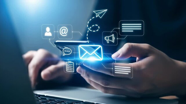 Person using smartphone with email and notification icons overlaying