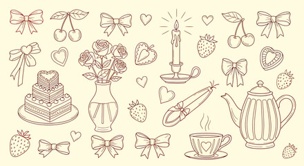A charming set of hand-drawn romantic elements including a wedding cake, roses, teapot, and bows in a vintage doodle style.