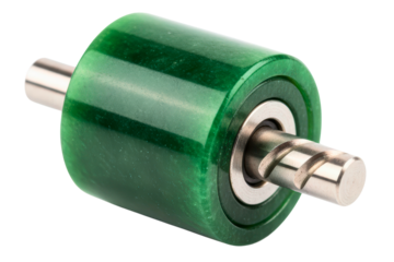 Green industrial conveyor roller wheel with a steel axle bearing isolated on a transparent background