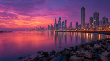 Sunset over modern city skyline with high-rise buildings reflecting on calm water near rocky shoreline under dramatic purple and orange cloudy sky