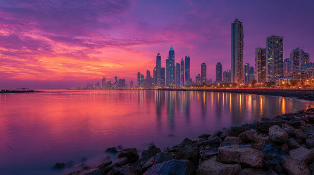 Sunset over modern city skyline with high-rise buildings reflecting on calm water near rocky shoreline under dramatic purple and orange cloudy sky - Powered by Adobe