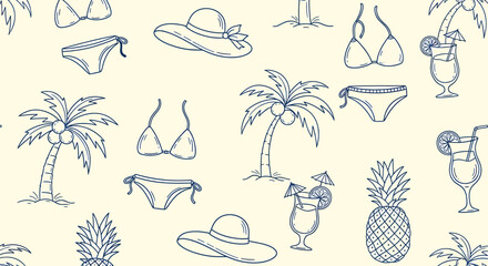 A repeating pattern featuring beach-themed illustrations, including palm trees, swimsuits, hats, and cocktails.
