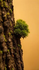 Obraz premium Tiny green moss growing on a rough tree trunk in a dense forest environment