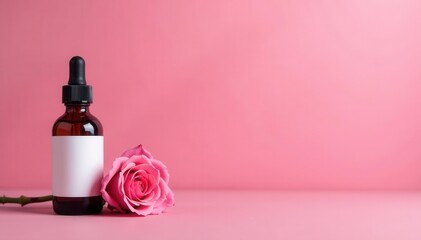 Rose essential oil bottle, pink background, flat lay, photography, background, photo