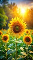 Fototapeta premium Vibrant sunflowers standing tall in a lush green garden surrounded by soft breeze and warm sunlight