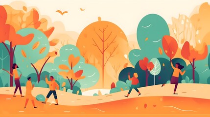 Stylized illustration depicts several people enjoying various recreational activities within a vibrant outdoor landscape