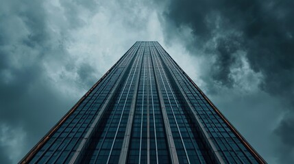 A towering skyscraper reaches into a cloudy sky, showcasing modern architecture against a dramatic backdrop.