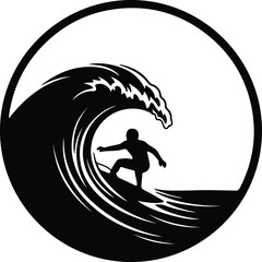 Vector surfer riding a wave inside a circle silhouette illustration