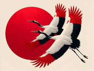 Naklejka premium Two elegant red crowned cranes fly gracefully against a vibrant red sun in a Japanese inspired artwork.