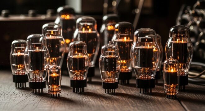 Glowing Vacuum Tubes: Vintage Electronic Components on Wooden Surface