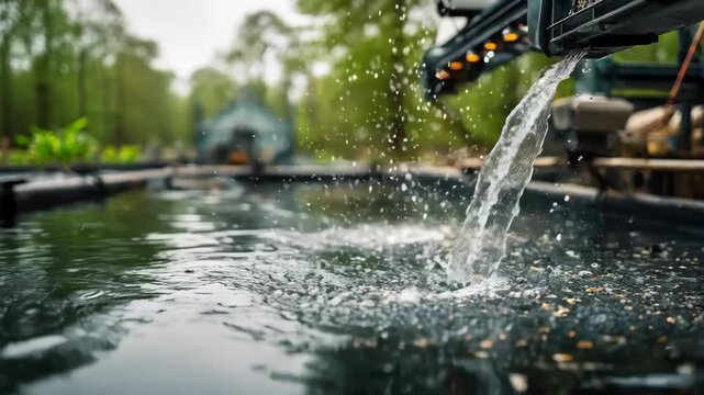 Medium shot of an automated fish feeding system releasing pellets into a serene freshwater pond showcasing efficient and consistent feeding technology in aquaculture