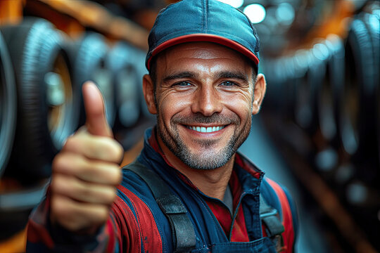 A smiling mechanic giving a thumbs up in a tire workshop, showcasing a positive attitude and professional environment.
