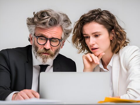A mature businessman and young businesswoman intently analyze data on a laptop computer in the office.