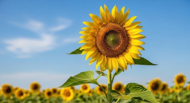 A vibrant sunflower stands tall in a field of sunflowers under a clear blue sky with a few scattered clouds.