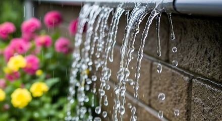 Rain cascades down a wall with vibrant flowers blooming in the background after a summer shower