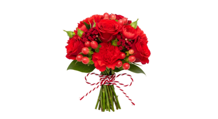 Gift - Bouquet of red roses and carnations with hypericum berries tied with a red and white ribbon, elegant floral arrangement for romantic occasions