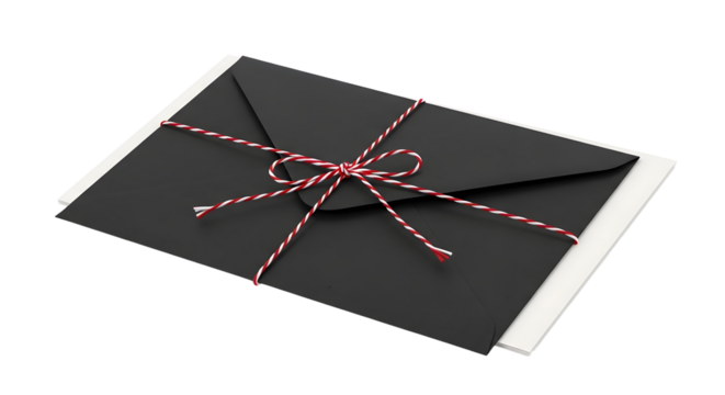 Gift - Black envelope tied with red and white string on white background, elegant invitation or gift wrapping concept