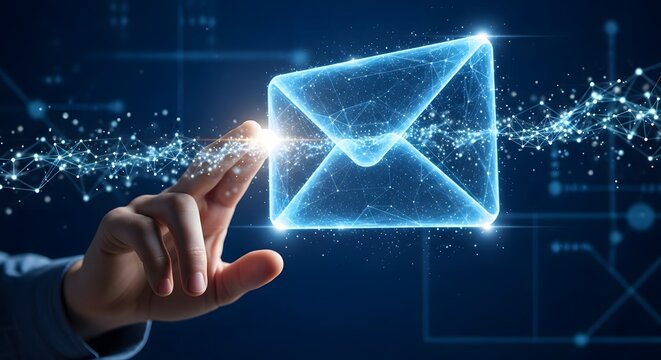 Digital hand touching glowing envelope icon with connected dots on a dark blue background