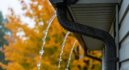 Rainwater gutter system flowing water autumn leaves soft focus building exterior