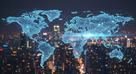A world map with glowing nodes and lines against a cityscape background.