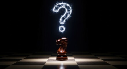 A chess knight on a chessboard with a question mark above it.