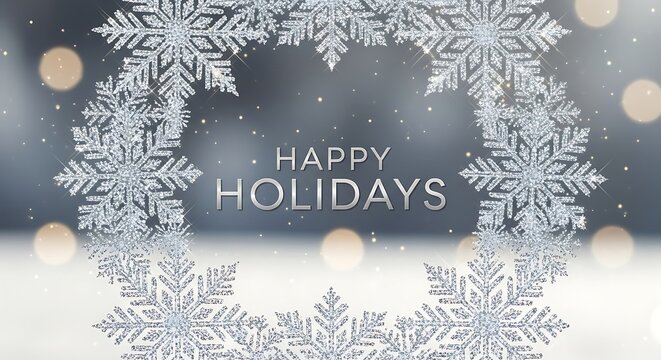 Shimmering Happy Holidays greeting card with elegant silver snowflakes for festive season wishes and joyful celebrations, perfect for winter events