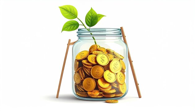 Sprout grows from coin-filled jar, propped by sticks
