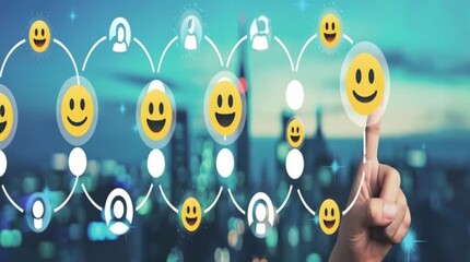 A person touching a digital screen displaying social media and customer satisfaction icons, symbolizing online interaction, feedback, and the importance of customer experience - Powered by Adobe