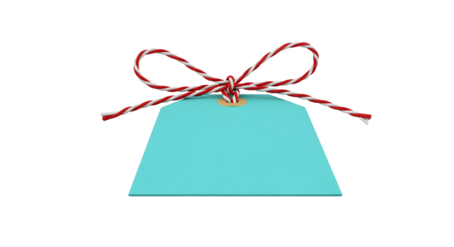 Gift - Blank turquoise gift tag with red and white string tied in a bow isolated on white background, perfect for gift labeling and crafting projects