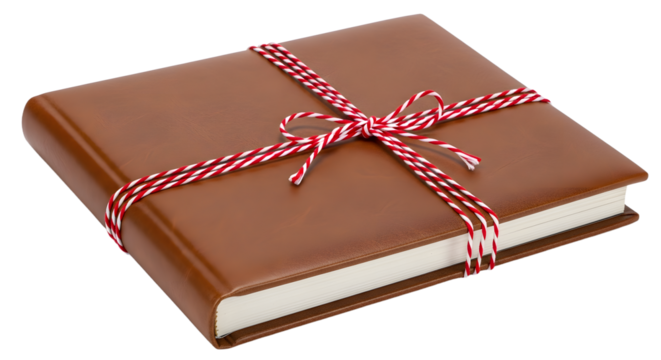 Gift - Brown leather journal wrapped with red and white striped string on a white background, perfect for gift giving or personal diaries