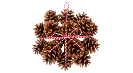 Gift - Bundle of pine cones tied with red and white string on white background, natural rustic decoration perfect for seasonal or holiday crafts