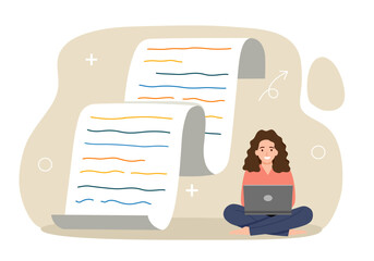 Content writer. Blog articles creation concept. Freelance female creates online content on laptop.