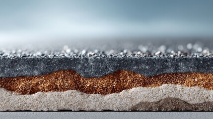 A close-up view of layered materials, showcasing various textures and colors, resembling different types of soil or sediment.