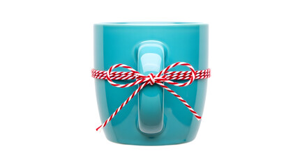 Obraz premium Gift - Blue ceramic mug wrapped with red and white striped string bow on white background, perfect for gift or holiday season