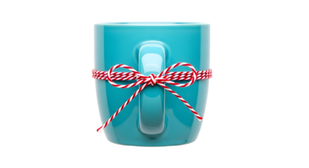 Gift - Blue ceramic mug wrapped with red and white striped string bow on white background, perfect for gift or holiday season