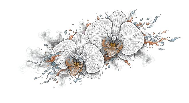 Elegant floral artwork showcases two orchids with watercolor accents on a white backdrop. - Powered by Adobe