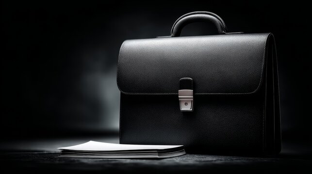 Minimal corporate mockup with clear white paper on black modern briefcase against dark background, elegant office template for branding, stationery, business identity and professional presentation