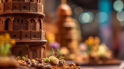 Obraz premium A Detailed Close-Up of a Towering Chocolate Structure, a Masterpiece of Culinary Artistry at Cioccoshow, Italy, Showcasing Intricate Design and Delicious Edible Architecture