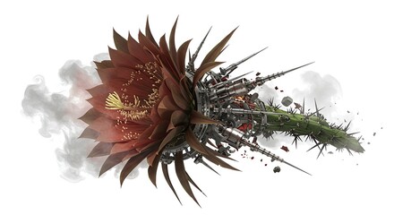 Obraz premium Mechanical flower blooms amidst deconstruction against a smoky white background artfully displayed.