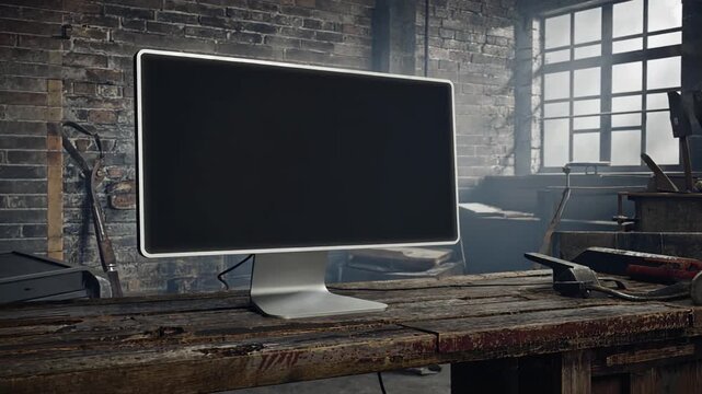 Modern computer monitor on a rustic wooden workbench in a workshop Ultra Realistic Cinematic Stock Footage  4K UHD Professional Royalty Free Video
