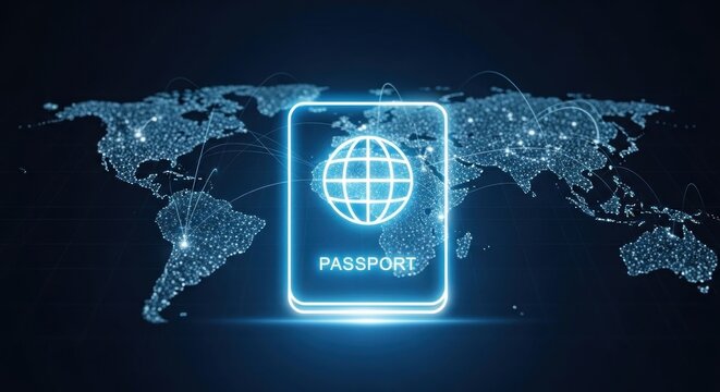 A glowing passport icon with a world map in the background. - Powered by Adobe