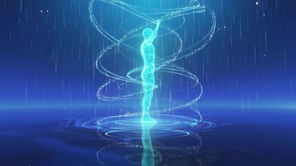 Futuristic Hologram of a Human Figure with Arms Outstretched. Digital Transformation, AI, and Metaverse Concept Animation. - Powered by Adobe